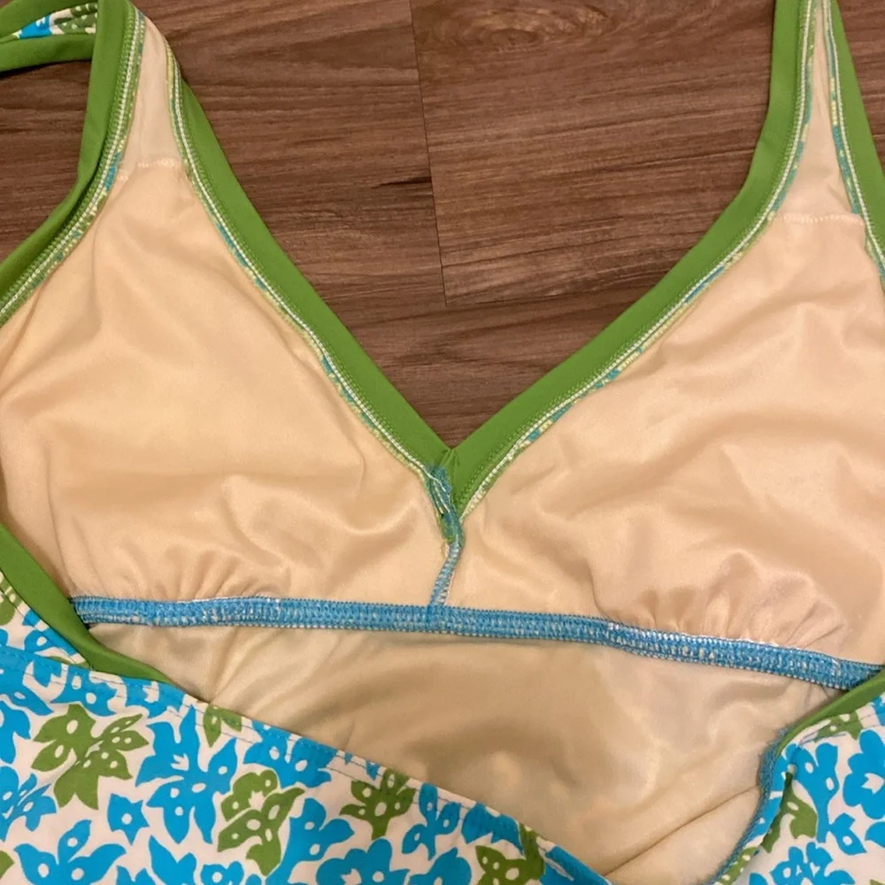 Lands End one-piece halter neck in blue‎ and green design